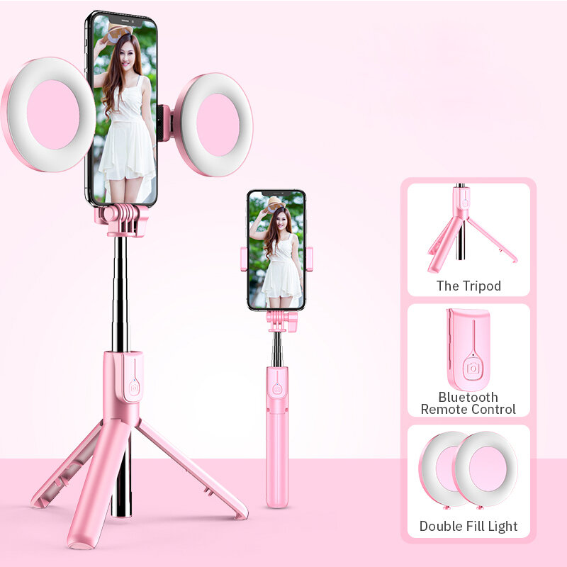 Palo de Selfie inalámbrico 4 en 1, anillo de luz LED extensible, monopié de mano, trípode en vivo, Compatible con Bluetooth, para iPhone 15, 14, 13