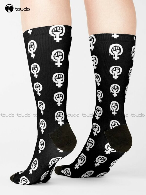 Punho levantado feminista radical símbolo lgbt branco no fundo preto radfem meias de futebol masculino 360 ° impressão digital