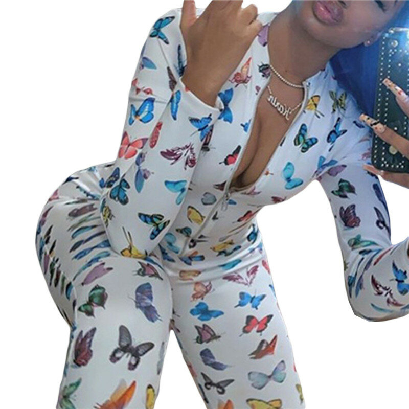 Women Butterfly Jumpsuit Zipper Open Round Neck Or Backless Suspender Bodysuit Tight-Fitting Casual Ladies Home Pajamas