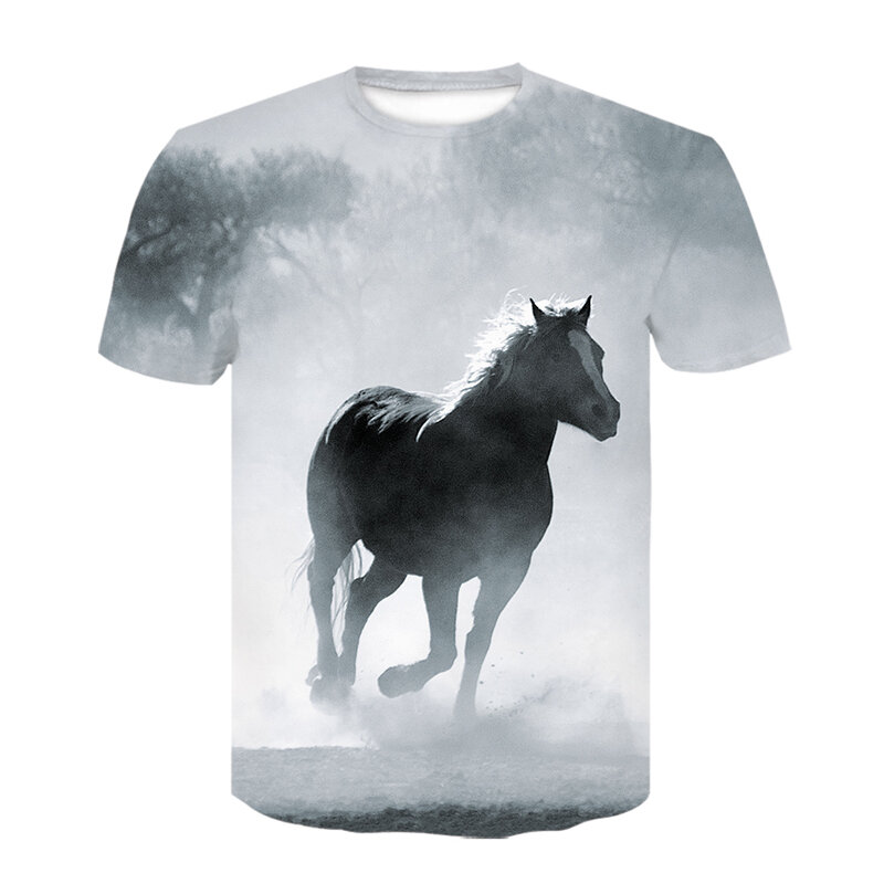 T-shirt à manches courtes et col rond pour garçon, vêtement pour enfant, animal, cheval, mignon, adolescent, décontracté, Y-2021