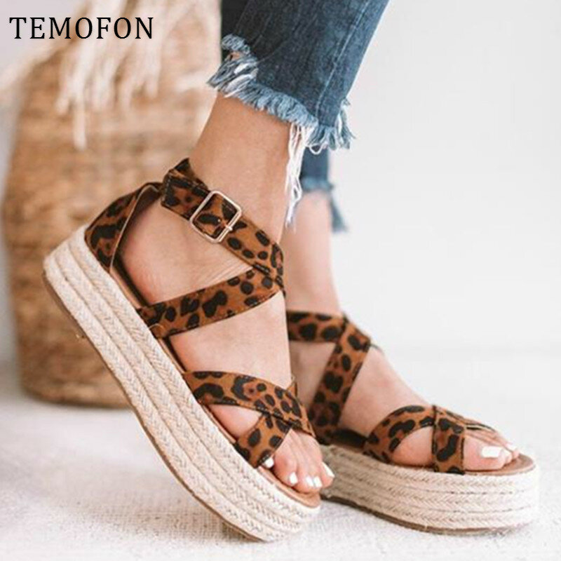 Temofon gladiador sandálias das senhoras sandálias de plataforma tornozelo cinta sapatos de verão preto leopardo salto alto cunhas sapatos novos hvt806