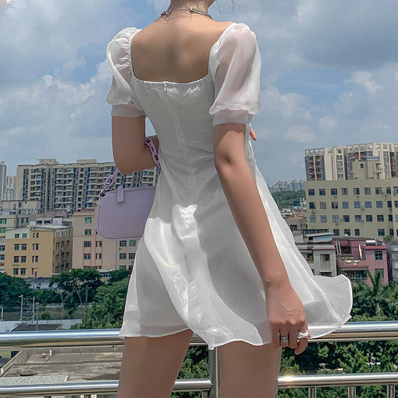 2021 패션 여성 여름 Sundress 하라주쿠 한국어 스타일 섹시한 요정 흰색 미니 드레스 캐주얼 귀여운 카와이 옷