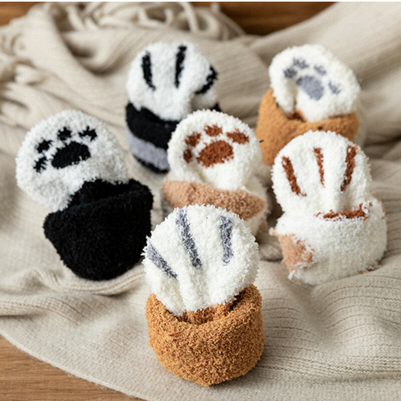Dreamlikelin Kawaii Cartoon White Socks for Women Cute 3d Dog Cat Paw Pattern Female Fleece Warm Funny Socks Home Floor Sleeping