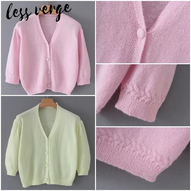 Женский короткий вязаный кардиган Lessverge, винтажный зеленый кашемировый розовый джемпер с пышными рукавами, джемпер на осень и зиму