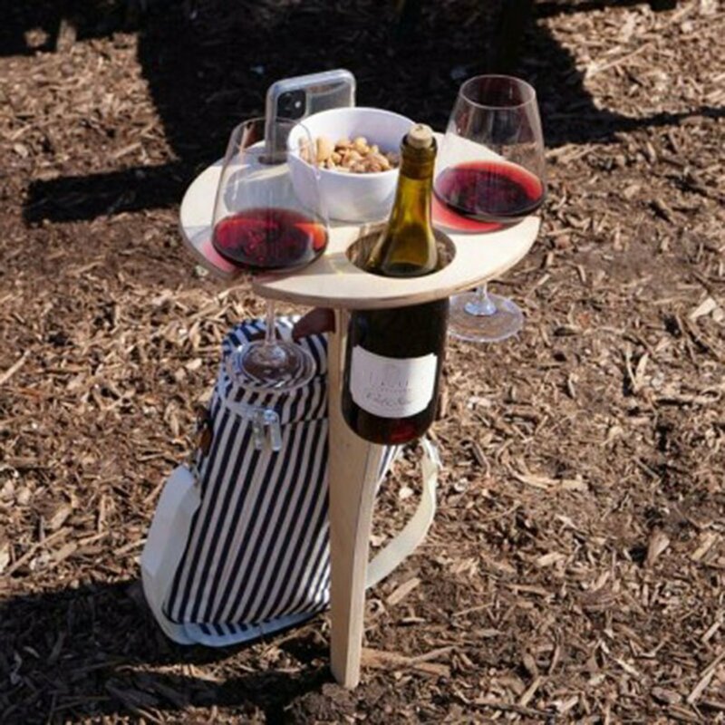 Mini Outdoor Wine Table Wooden Round Foldable Desktop Wine Table Outdoor Garden Travel Picnic Beach Garden Furniture Supplies