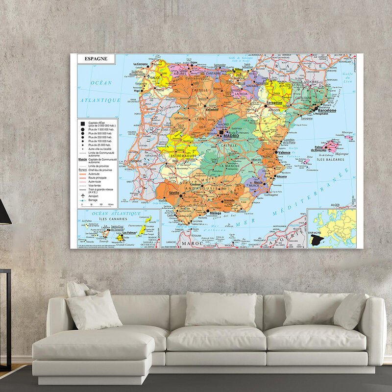 스페인 교통지도 프랑스 부직포 캔버스 그림, 상세한 대형 포스터, 가정 장식, 학교 용품, 225x150cm