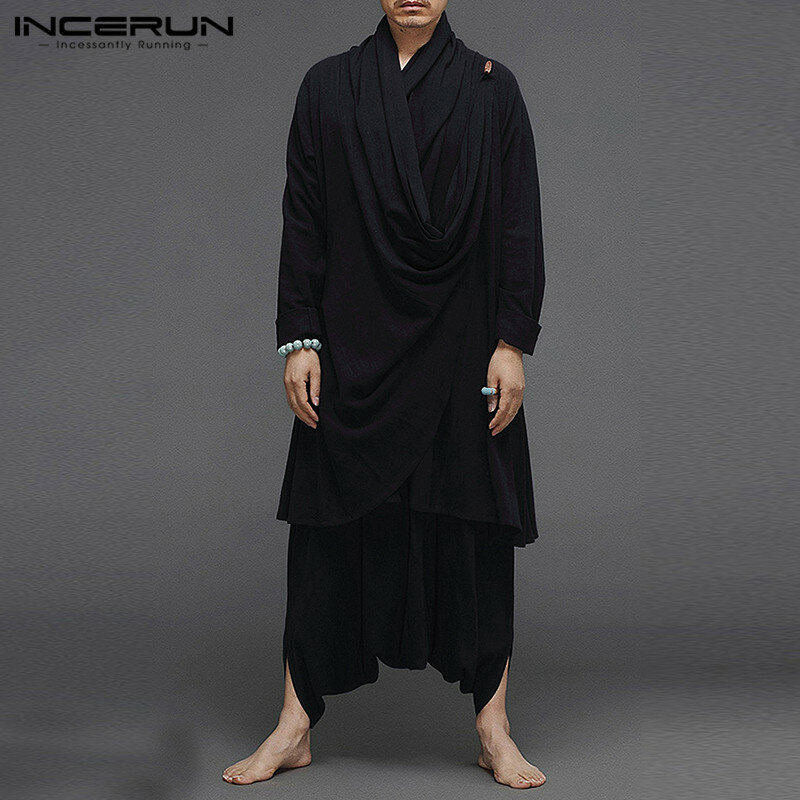 INCERUN Solid Color Men Sets Cotton Streetwear Turtleneck Long Sleeve Irregular Cloak Coats Drop Crotch Pants Vintage Mens Suits
