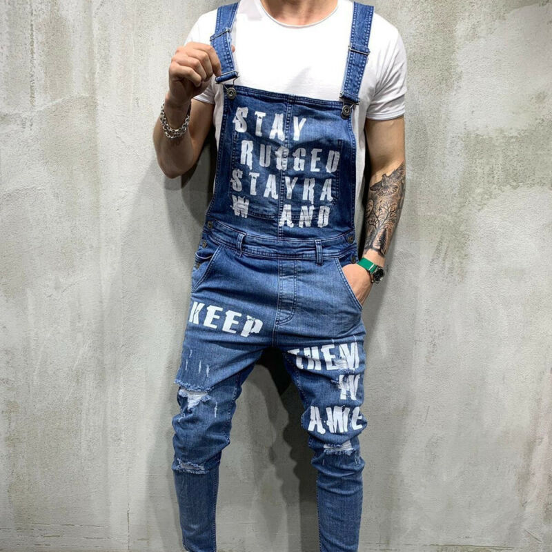 Wysokiej jakości męskie porwane jeansy kombinezony moda uliczna w trudnej sytuacji Denim kombinezon na szelkach mężczyzna pończoch spodnie dżinsowe męskie Playsuit
