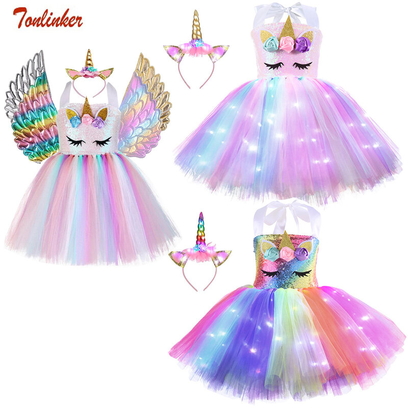Bambini unicorno Costume ragazze festa di compleanno regalo luci a LED paillettes arcobaleno Tutu vestito Halloween lucido principessa Costume Cosplay