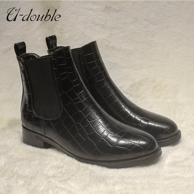 U-double Chelsea Boots damskie botki brytyjski styl dziewczyny nagie buty okrągłe Toe zimowe buty kobieta płaskie buty rozmiar 36-41