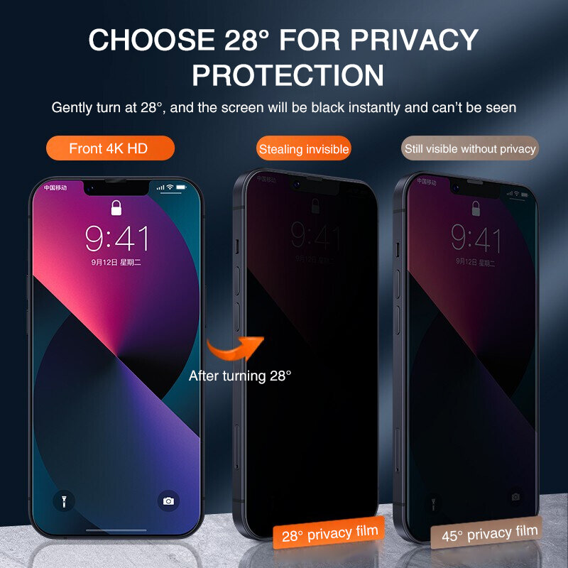 Protetor de Tela Anti-Espião Completo, Vidro de Privacidade para iPhone 11, 12, 13 Pro Max, 14 Pro, 15, Max, XS, XR, Vidro Temperado