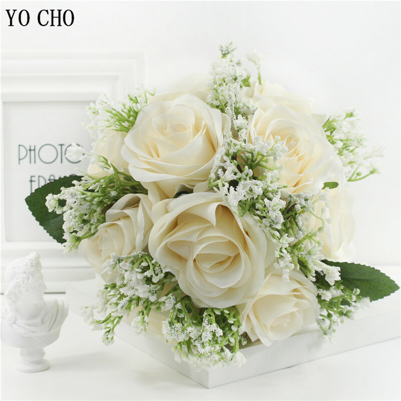 YO CHO damigella d'onore Bouquet da sposa rose artificiali fiori di seta bianchi Bouquet da sposa Bouquet da ragazza accessori da sposa decorazioni per la casa