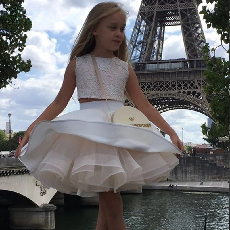 Милое Пышное Платье принцессы из двух предметов для девочек, кружевное атласное многослойное Тюлевое детское вечернее платье, кружевное бальное платье с аппликацией, платья знаменитостей