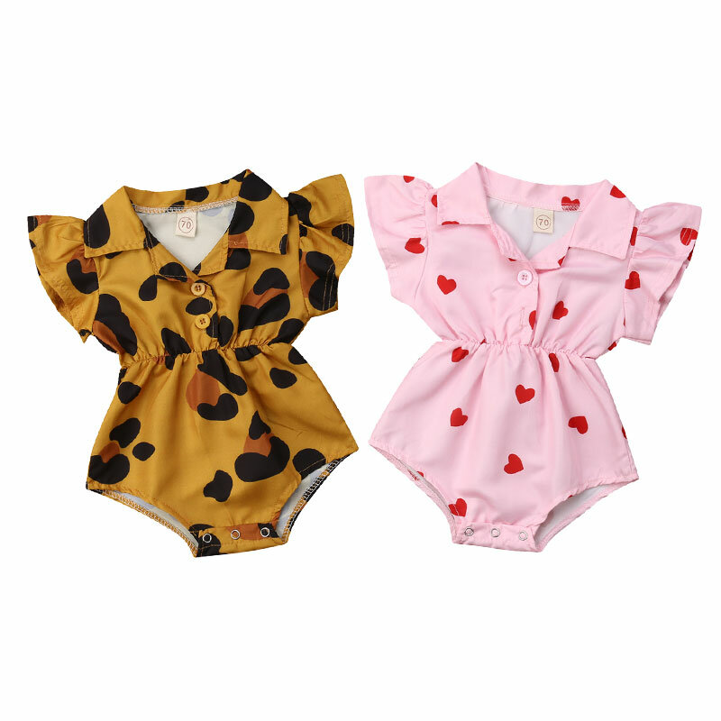 女の赤ちゃんのための夏服,ヒョウのハートとフリルのロンパース,バレンタインデーの服