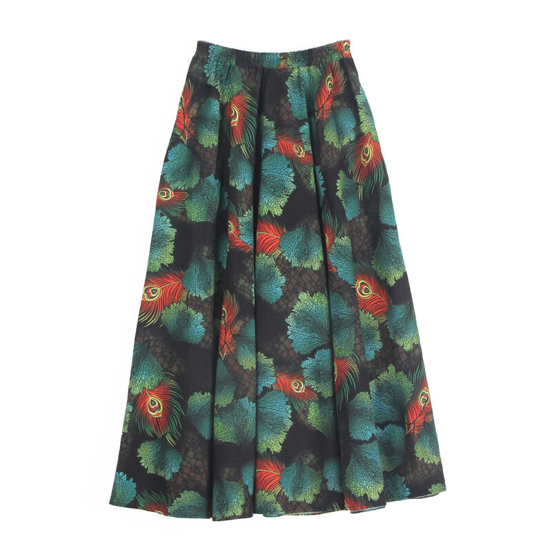 TIYIHAILEY Free Shipping High Quality Long Maxi A-line Elastic Waist Women Cotton Linen Print Flower Autumn Spring Big Hem Skirt