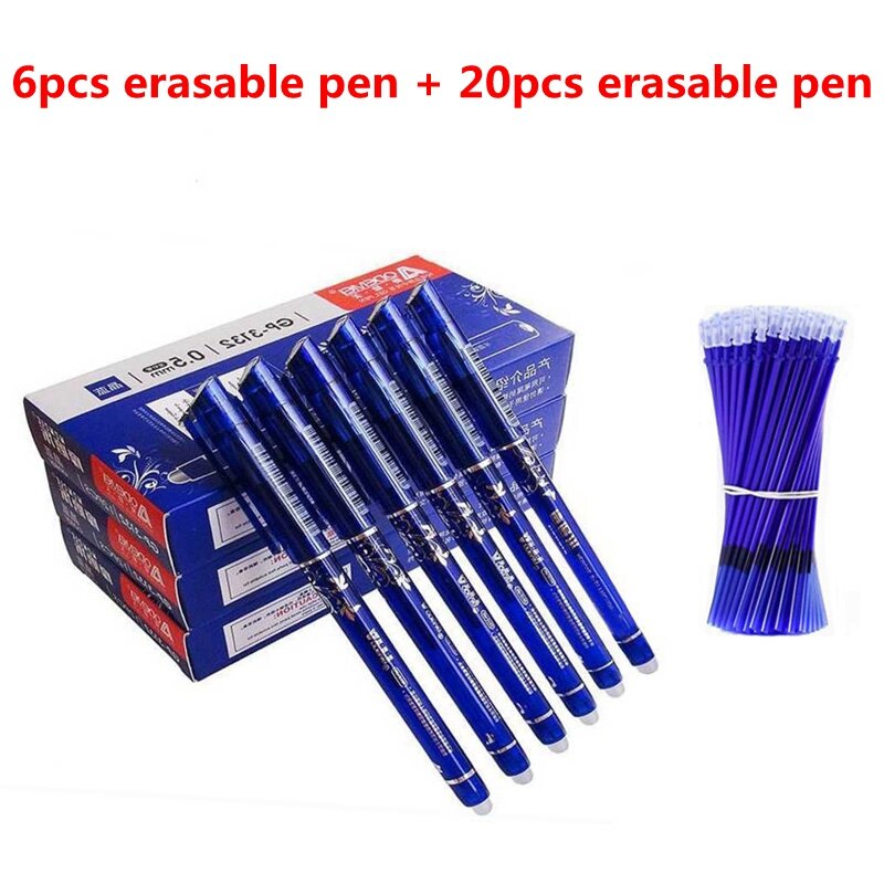 투명 막대 열 지울 수있는 펜 리필 0.5mm, 블루 블랙 세척 가능한 핸들 펜, 학교 문구 쓰기 도구, 6 + 20 개/세트