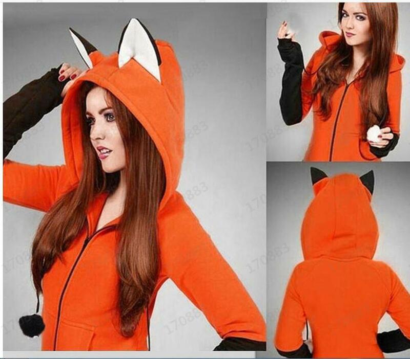 Animal Fox Ear Cosplay Costumes Hoodie Coat Warm Orange Sweatshirt Unisex Hoodies