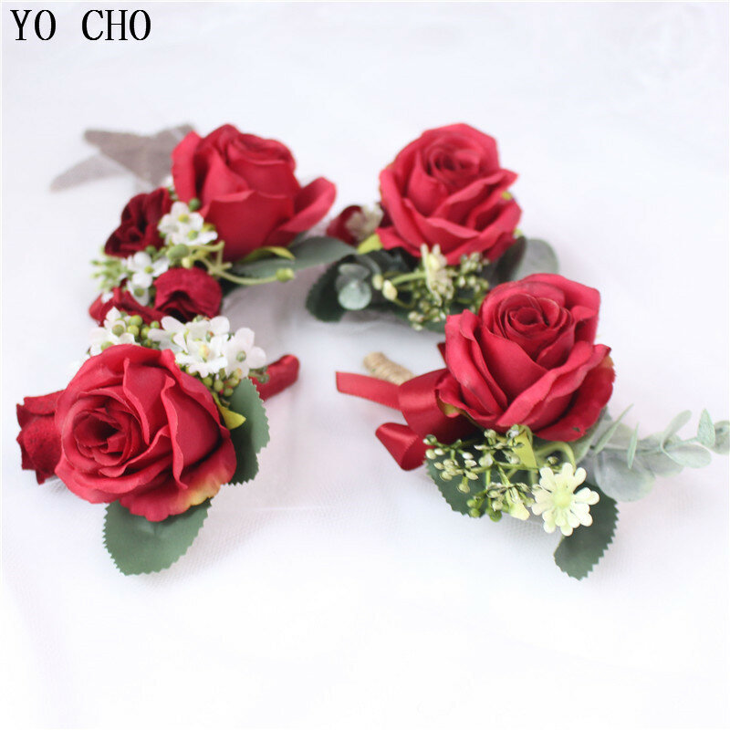 YO CHO Bright Red Artificial Silk Wrist Flower Bridesmaid Brooch Dress Accessories Man Boutonniere for Wedding Prom Party