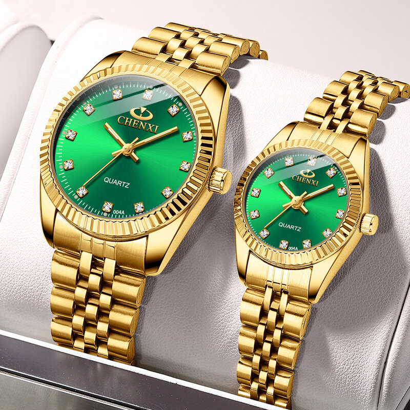 amante de relojes CHENXI, negocios de lujo, reloj dorado de acero inoxidable para hombres, reloj clásico resistente al agua para mujeres, regalo de pareja de diamantes de imitación