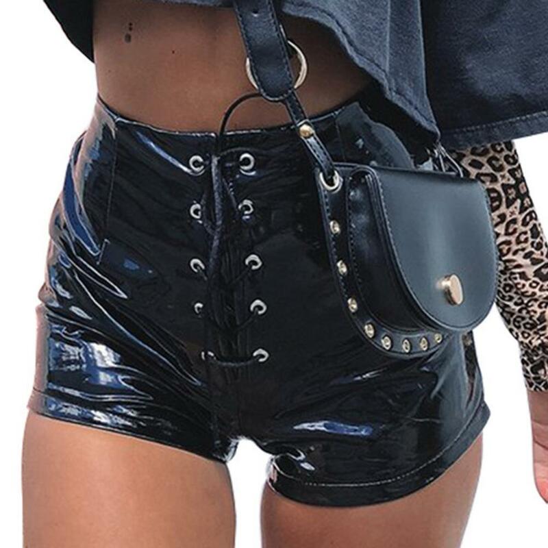 เซ็กซี่ผู้หญิงกางเกงขาสั้นสีทึบหนัง Faux หนังประณีตตาไก่ Cross Bandage เอวสูง Slim สวมใส่กางเกงขาสั้นฤดูร้อน2021