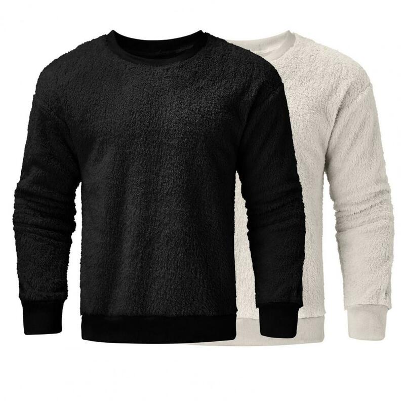 Men Sweatshirt Pullover Solid Color Round Neck Double-sided Plush Winter Sweatshirt for Daily Wear
