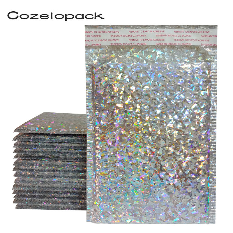 20 sztuk holograficzny metaliczny Bubble Mailer do pakowania prezentów Glamour kolorowe srebrne odcienie folia poduszki wyściełane koperty wysyłkowe