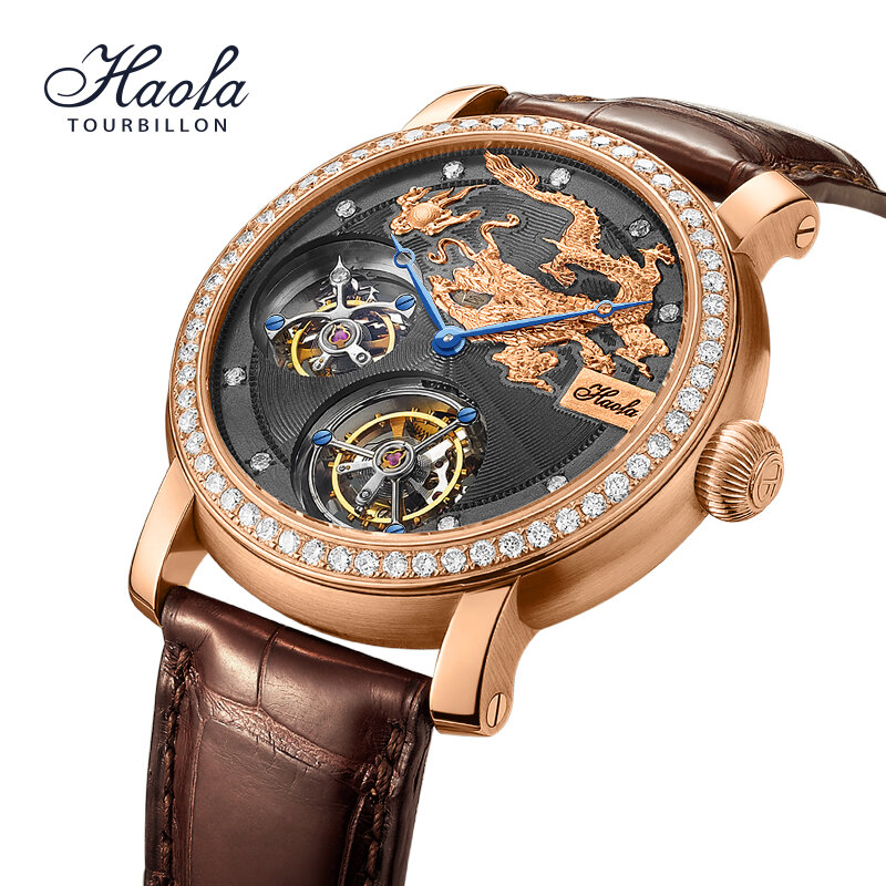 HAOFA 18K Gold Double Tourbillon การเคลื่อนไหว Skeleton Mens Watch ด้วยตนเอง Mechanical Diamond Rose นาฬิกาสำหรับชายไพลิน K002