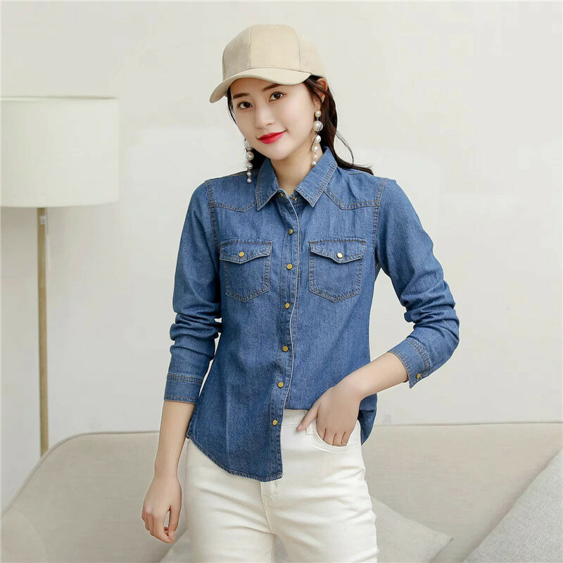 Camisa jeans feminina mangas compridas, blusa feminina slim casual vintage azul de algodão, camiseta feminina, blusa e tops 2020