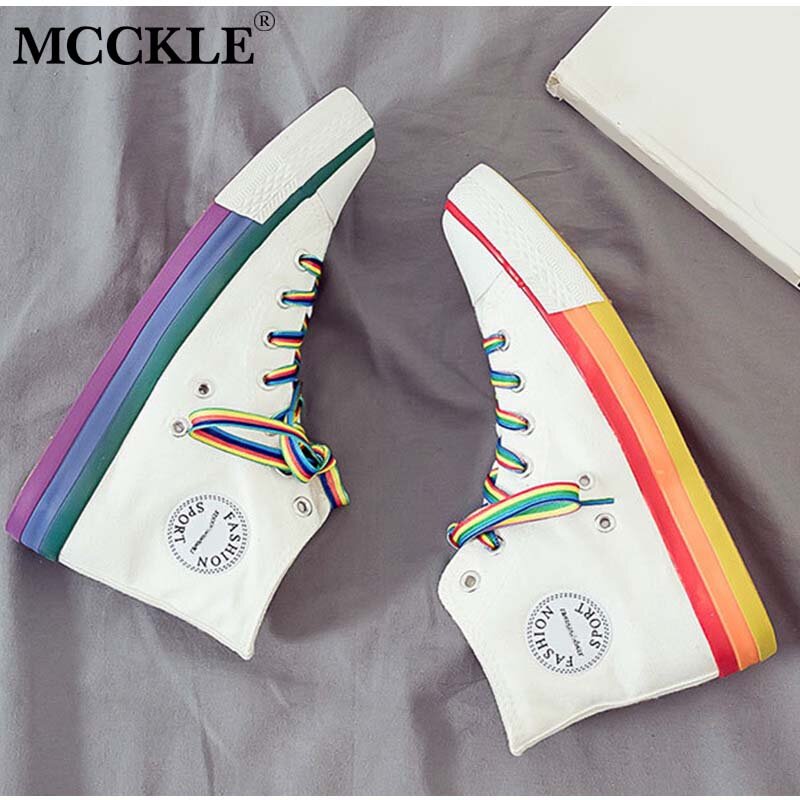 Women Canvas Sneakers Vulcanized Shoes High Top Flats Colorful Board Rainbow Walking Ladies Lace Up Female Casual 2020 Woman