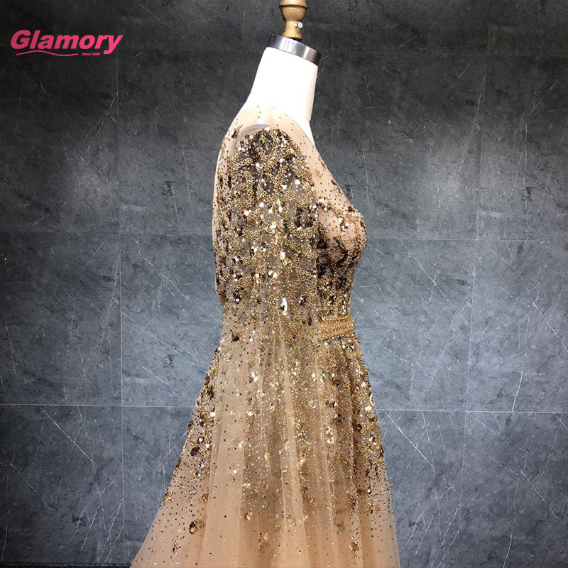 2021 New Arrival Gold Prom Dress Long Sleeves O-neck Luxury Beading Evening Dress