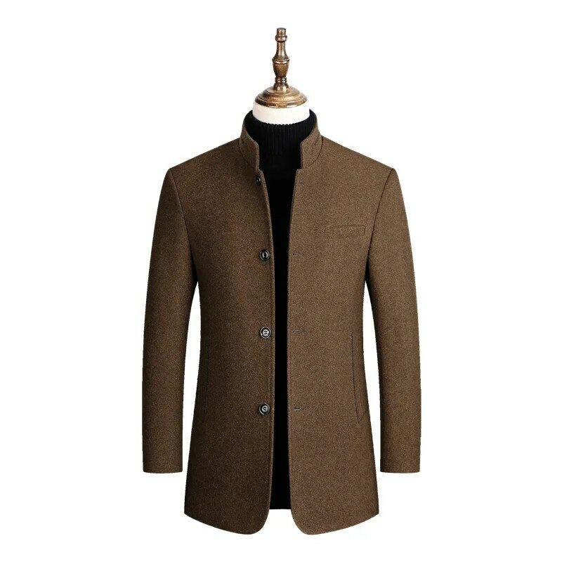 Мужское пальто средней длины из смесовой шерсти, Осень-зима, новая однотонная Высококачественная куртка с ворсом и воротником-стойкой