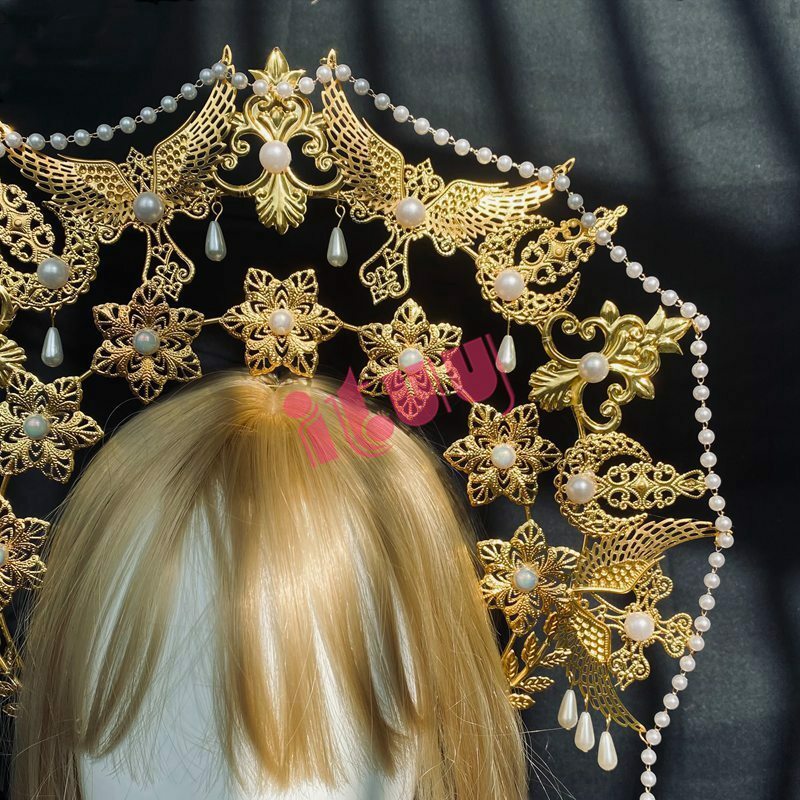 Lolita Sun Goddess Angel Halo Crown Necklace Headpiece Queen Anna Baroque Pearl Tiara Headband Gothic Accessories