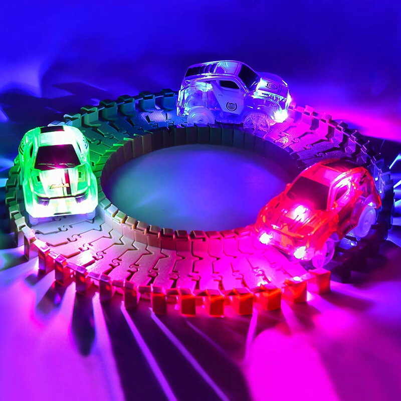 Faixas mágicas luminosa pista de corrida carro com luzes coloridas diy plástico brilhante no escuro criativo brinquedos educativos para crianças