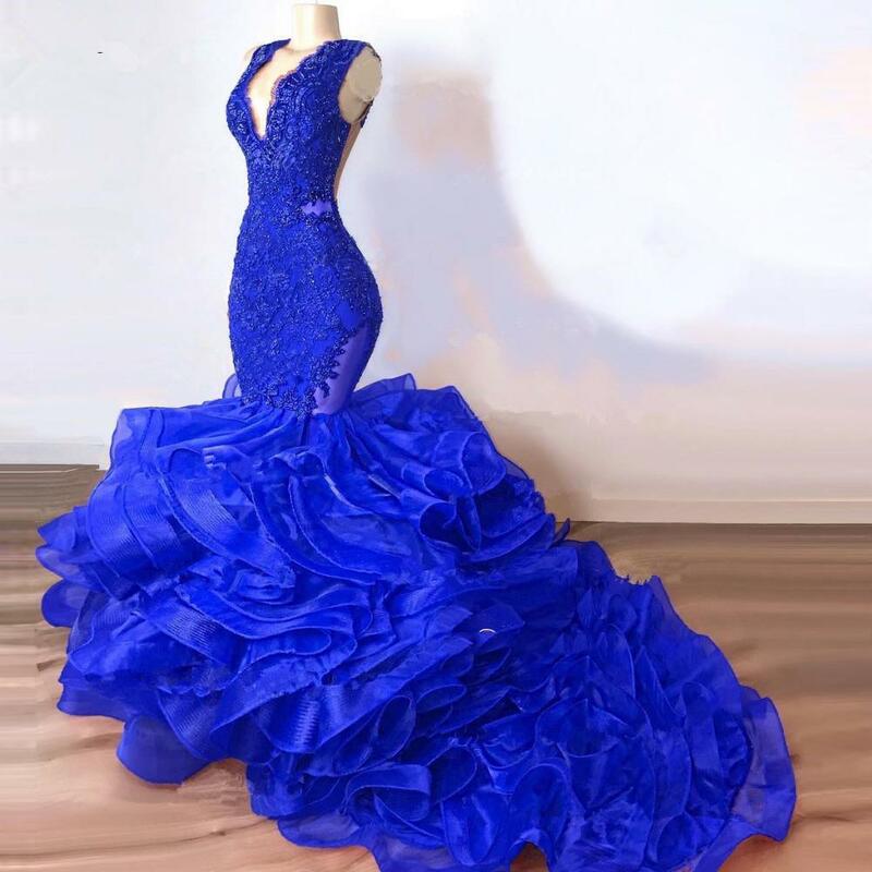Gaun Malam Putri Duyung Manik-manik Renda Biru Mewah Gaun Prom Panjang Ruffles Bagian Bawah Lebar Gaun Pesta Seksi untuk Wanita