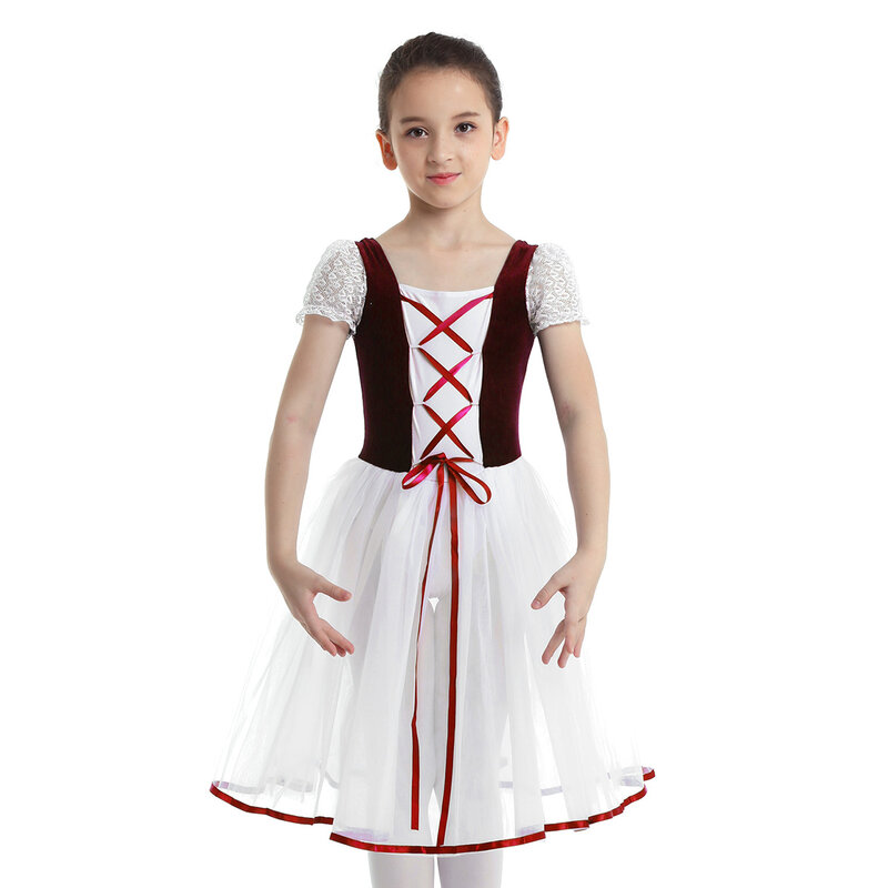Kids Girls Velvet Mesh Giselle Ballet Dance Costume Short Bubble Sleeves Dance Skirt Dress Gymnastics Leotard Ballet Tutu Dress