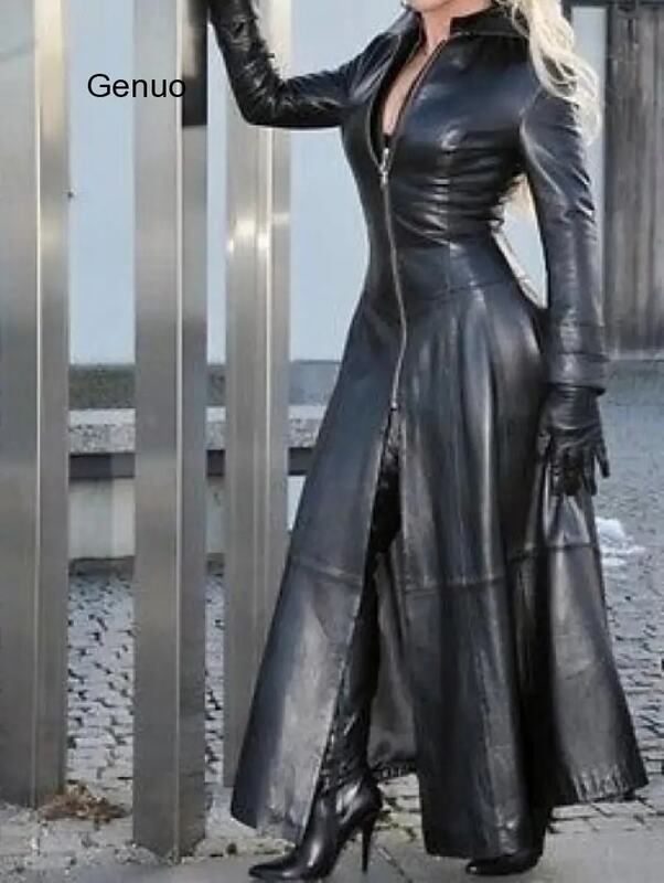 Jaket PU Antik Mantel Kulit Imitasi Wanita Panjang X Musim Dingin 2020 Mode Wanita Mantel Retro Ritsleting Kerah Berdiri Solid Wanita