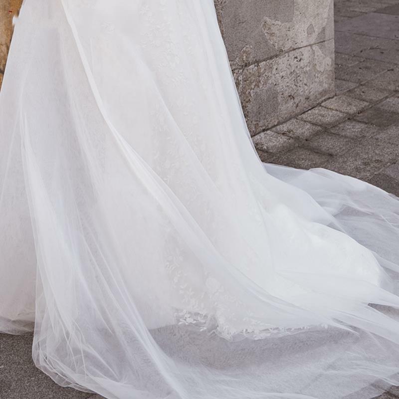 Женское свадебное платье с юбкой-годе, элегантное фатиновое платье 2 в 1 с вышивкой и съемным шлейфом, V-образным вырезом, открытой спиной и аппликацией, без рукавов