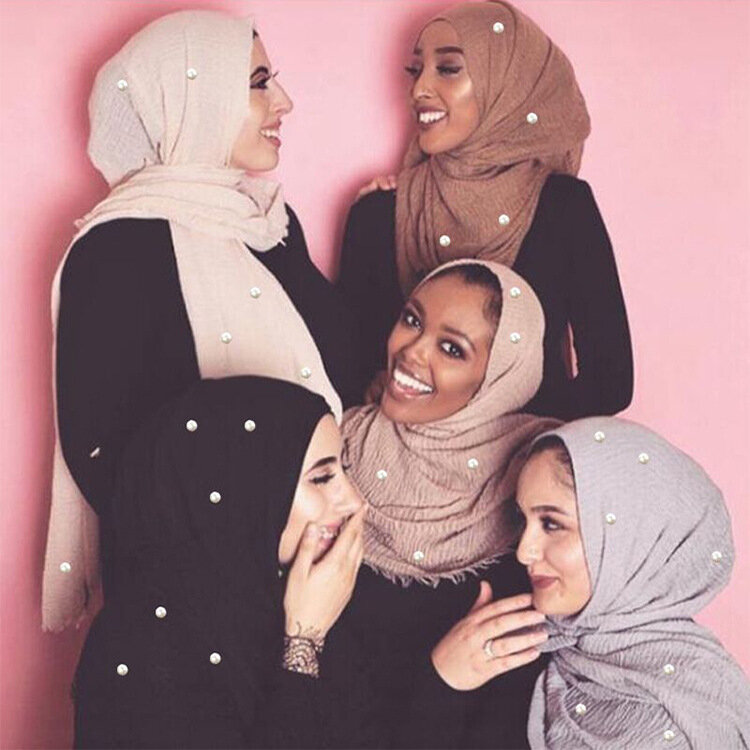 숙녀 패션 버블 코튼 비즈 주름 스카프 목도리 일반 Crumple 진주 랩 Foulard Pashmina 이슬람 머리띠 Hijab