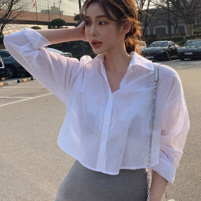 Shirts Blouses Vrouwen Fashion Casual Tops Vrouw Turn Down Kraag Wit Losse Lange Mouw Blouse Ol Stijl Shirt Simple Top blauw