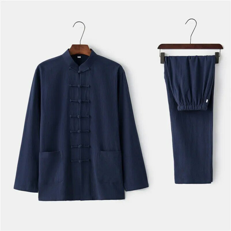 Conjunto de camisa e calça longa de algodão para homens, conjunto de roupas masculinas de cor sólida com camisa estilo chinês tai chi