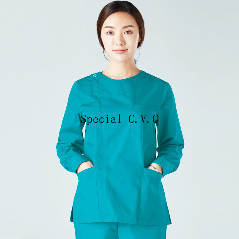 Chaqueta de trabajo de cuello redondo de uniformes médicos con bolsillos grandes ajustada para mujer