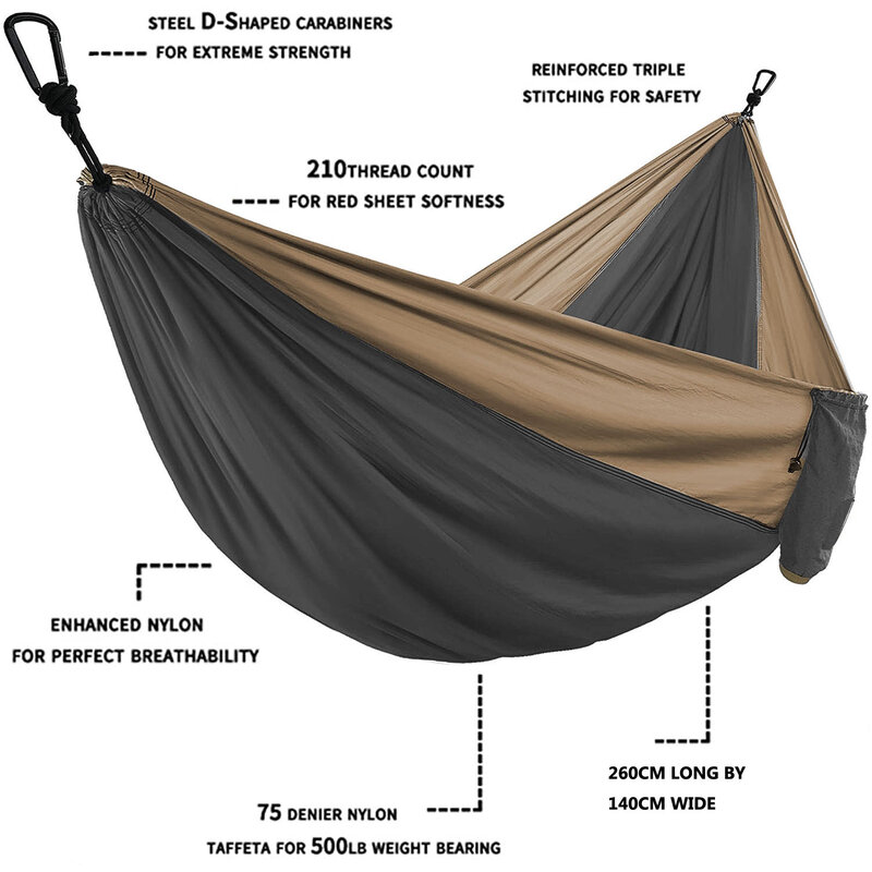 Hammock Parachute com alças e mosquetão preto, Camping, Sobrevivência, Viagem, Pessoa dupla, Mobiliário de exterior, Monocromático
