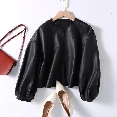 Tao Ting Li Na Genuine Sheep Leather Jacket Women High Waist Lantern Sleeve Real Leather Jacket G35
