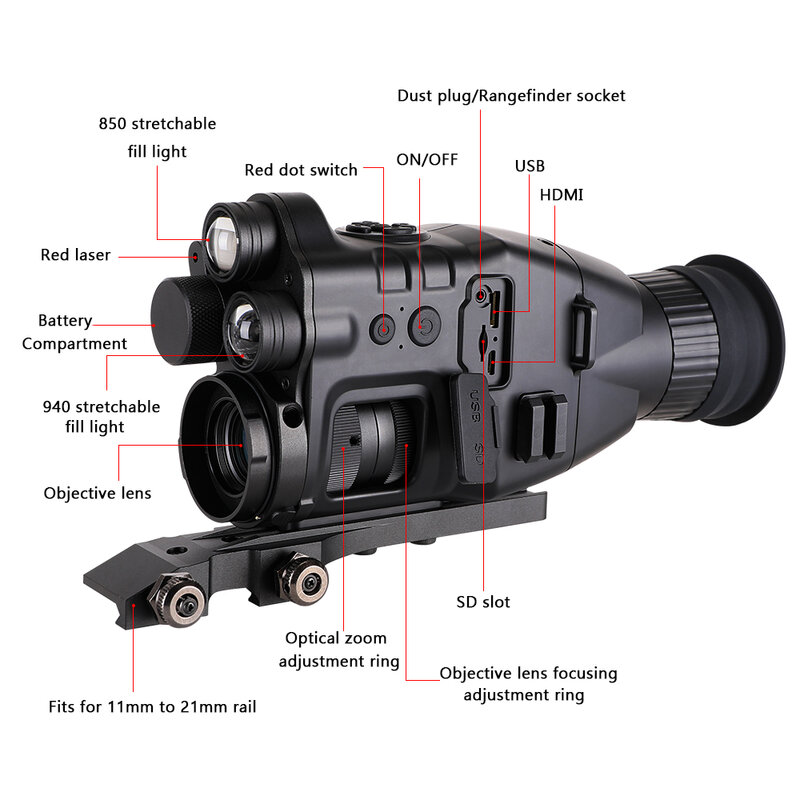 Henbaker Night Vision Âmbito, Infravermelho, Riflescope, Câmera, Wi-Fi, App, Monóculos, Laser vermelho, CY789, 24x