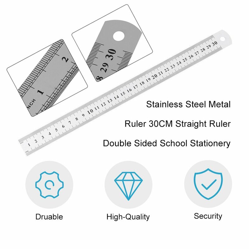 Penggaris logam baja tahan karat 30CM, pengukuran penggaris lurus dua sisi untuk alat tulis sekolah & jahit kaki