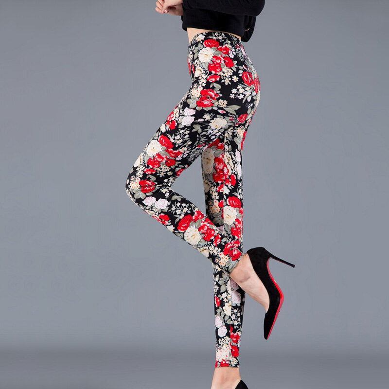 VISNXGI damskie jesienne ubrania z nadrukiem Legging ćwiczenia elastyczne z wzorem kwiatu spodnie z wysokim stanem Push Up Fitness Workout Bottom