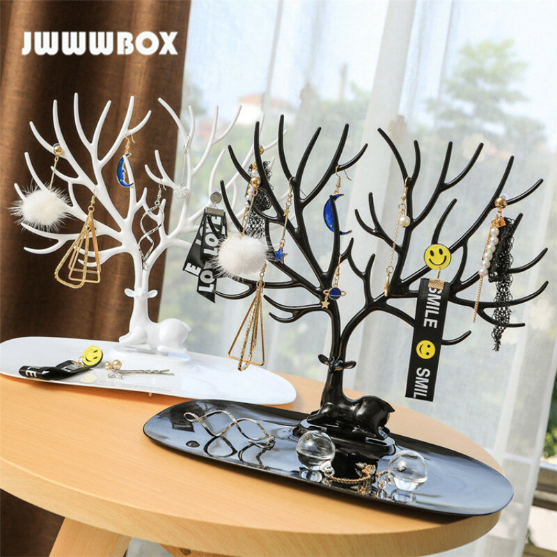 JWWWBOX czarny biały Deer kolczyki naszyjnik wisiorek obrączka bransoletka biżuteria przypadki i stojak taca drzewo przechowywania biżuteria JWBX09