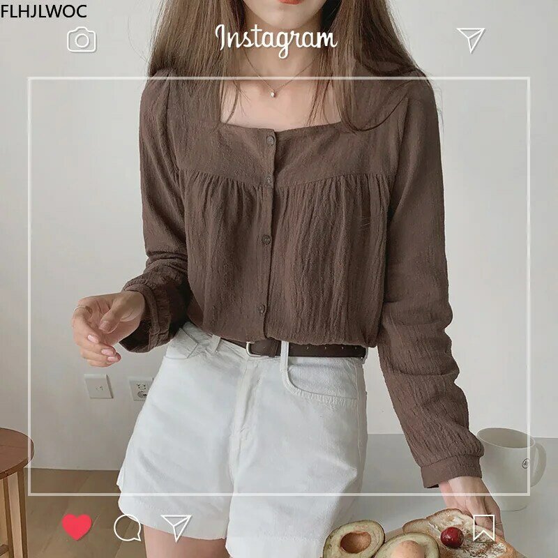 Cotton Tops Fall Autumn Basic Shirt Long Sleeve Single Breasted Button Shirt Blouse Women Top Vintage Korea Japan Style Clothes