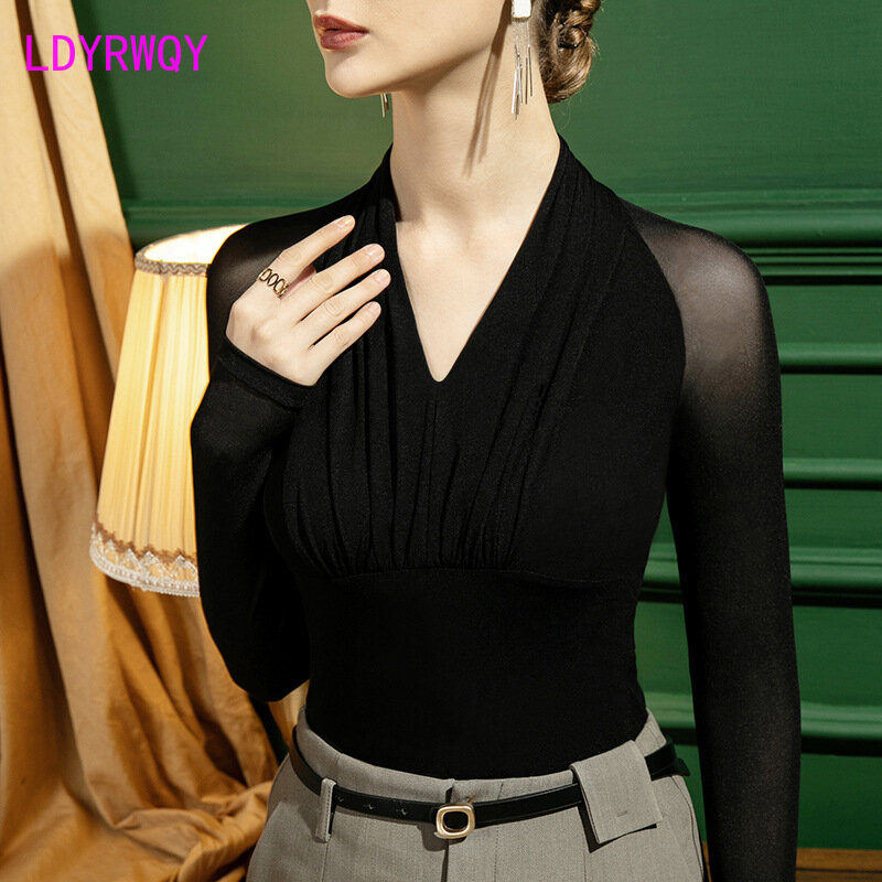 Camiseta de malla con cuello en V para mujer, top sexy ajustado sin tirantes de manga larga, novedad de Otoño de 2021