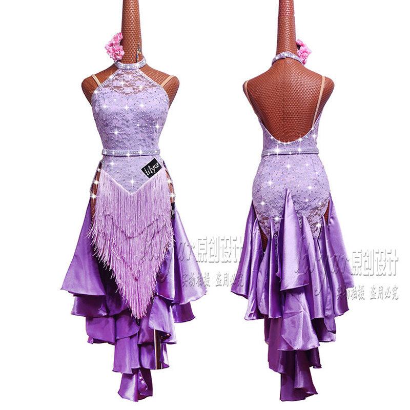 Robe de compétition de danse latine, nouvelle collection, robe de spectacle à strass, personnalisée, violet, jupe à franges pour enfants adultes
